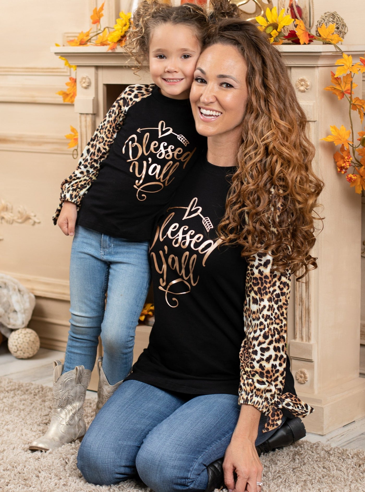 Mommy & Me Matching Fall Tops | Blessed Y'all Animal Print Raglan Tops