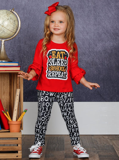 Little girls back to school "Eat, Sleep, School, Repeat" top with double ruffle sleeves and alphabet print leggings - Mia Belle Girls