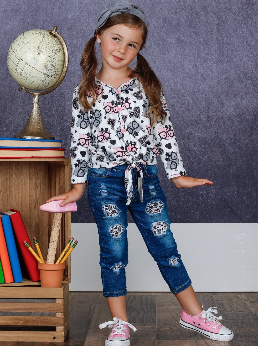 First Day of School | Knot Top & Patched Jeans Set | Mia Belle Girls