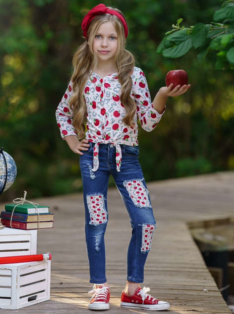 First Day of School | Apple Top & Patched Jeans Set | Mia Belle Girls