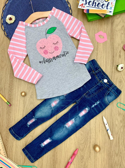 First Day of School | Raglan Top & Patched Jeans Set | Mia Belle Girls