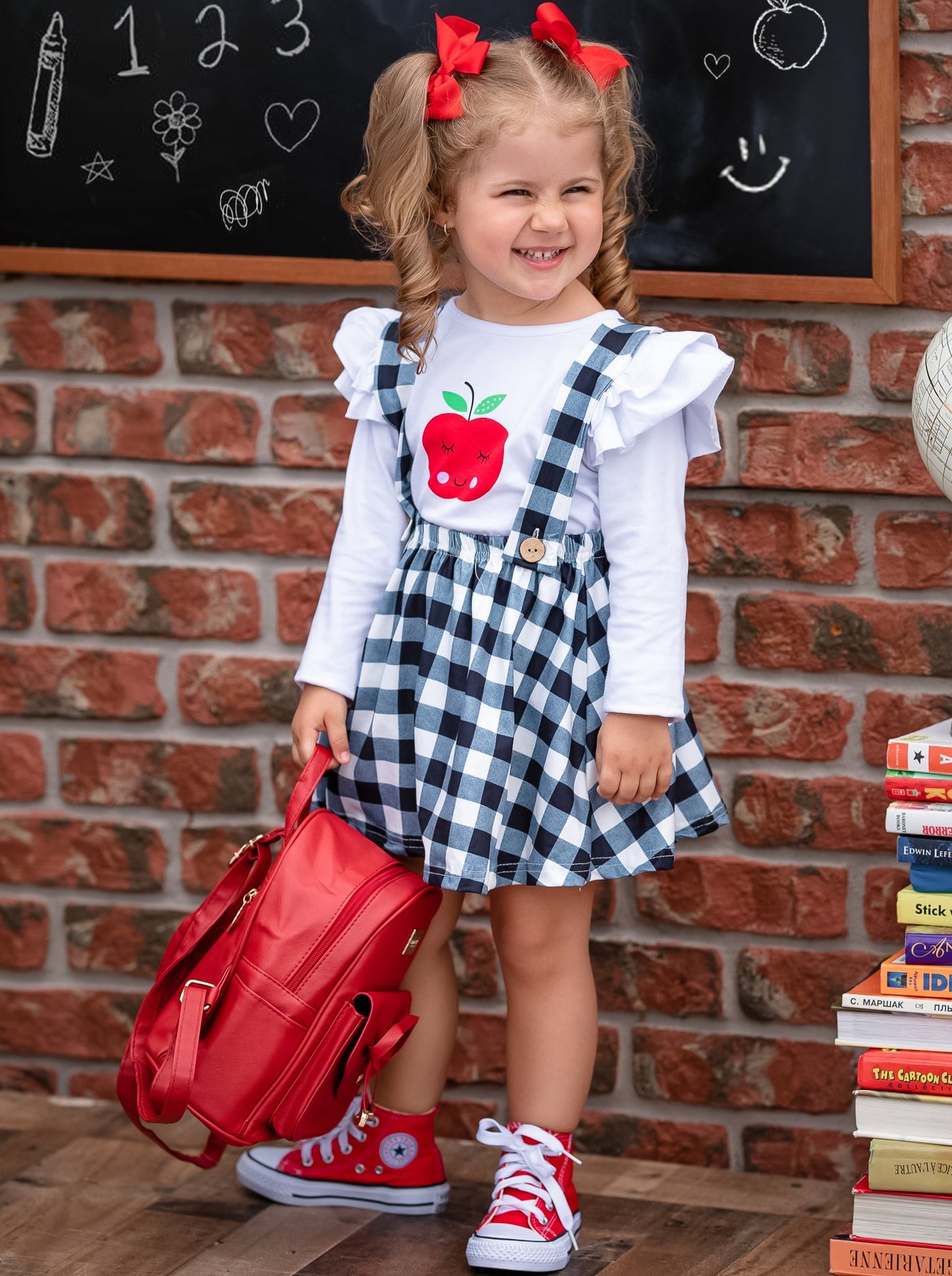 First Day Of School | Top & Plaid Overall Skirt Set | Mia Belle Girls