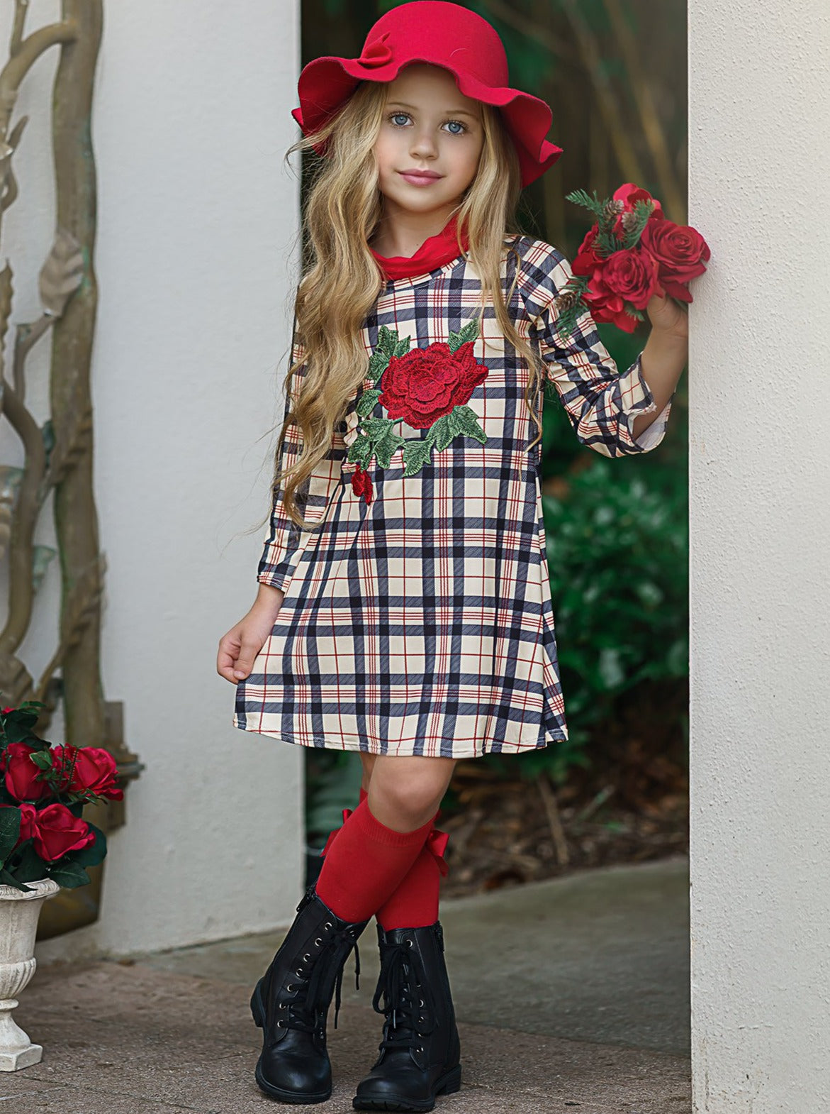 Winter Dressy Dresses | Girls Rose Embroidered Plaid Turtleneck Dress