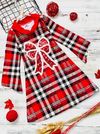 Winter Dressy Dresses | Girls Sequin Bow Plaid Turtleneck Dress