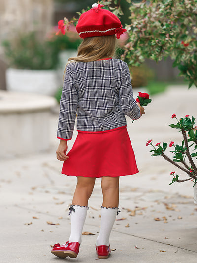 Girls Preppy Navy And Creme Tweed Red Bow Pocket Jacket And Red Pleated Skirt Set