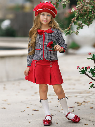 Girls Preppy Navy And Creme Tweed Red Bow Pocket Jacket And Red Pleated Skirt Set