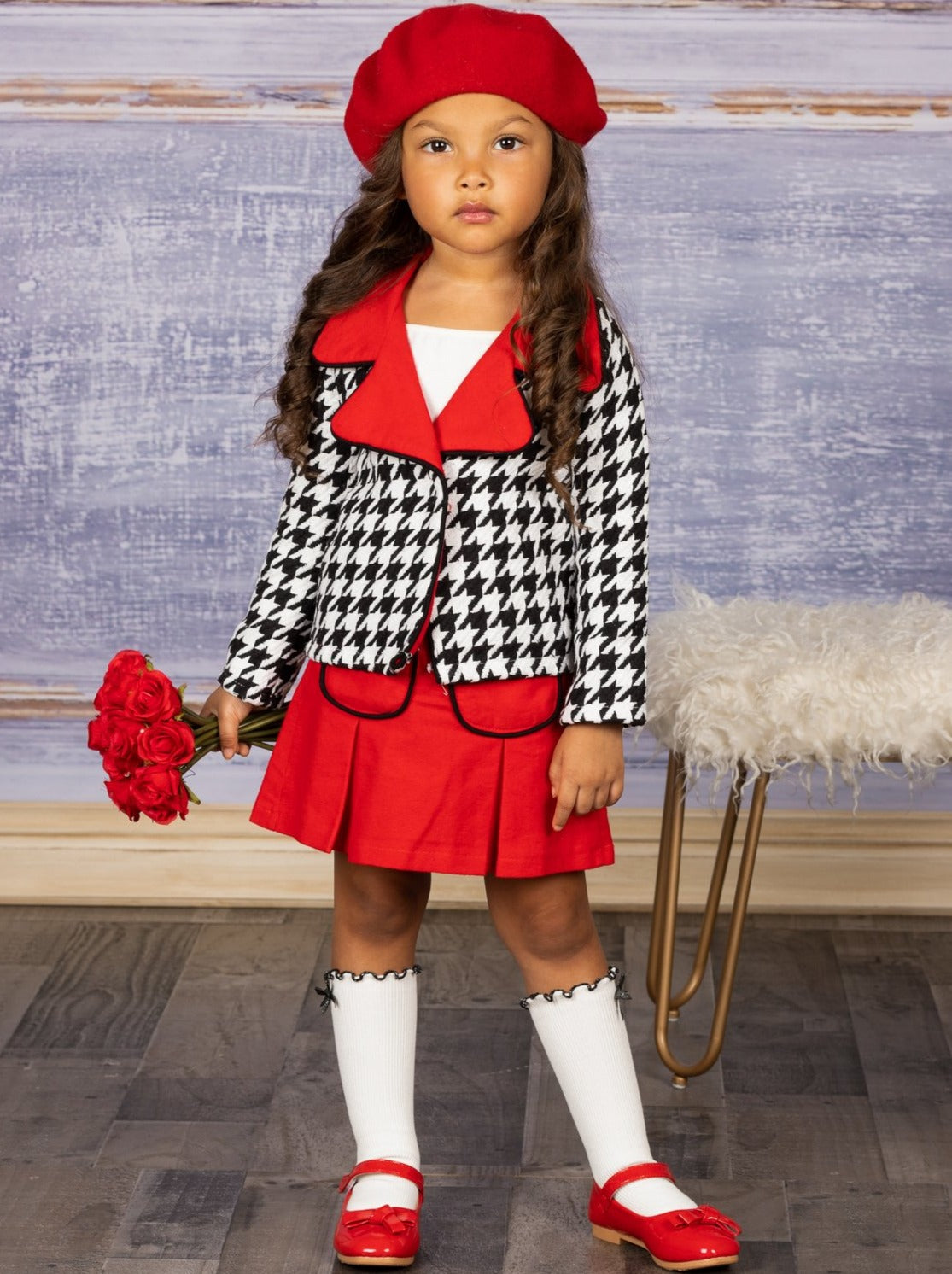 Girls Preppy Black & White Houndstooth Tweed Red Collared Blazer & Red Pleated Pocket Skirt Set