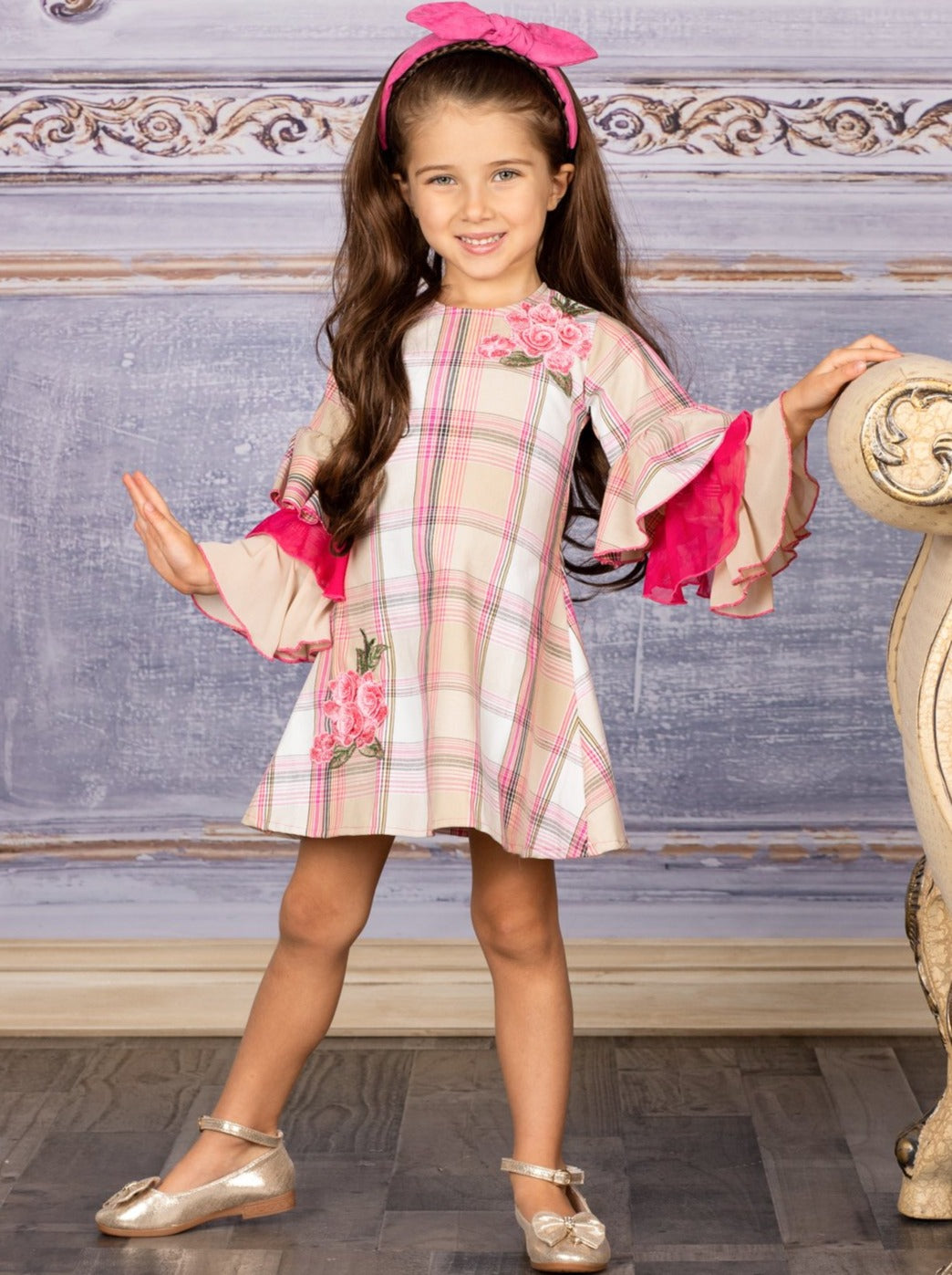 Girls Long Tiered Ruffled Sleeve Dress with Floral Trim