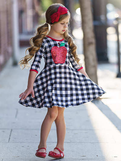 Girls Scoop Back Twirl Plaid with Sequin Apple Applique Dress