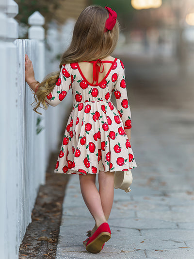 Girls Trimmed Scoop Back Twirl Apple Printed Dress