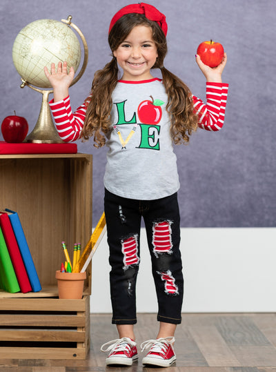 Love To Learn Raglan Top & Patched Jeans Set - Back To School - Mia Belle Girls