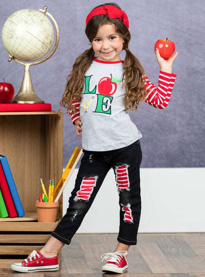 Love To Learn Raglan Top & Patched Jeans Set - Back To School - Mia Belle Girls