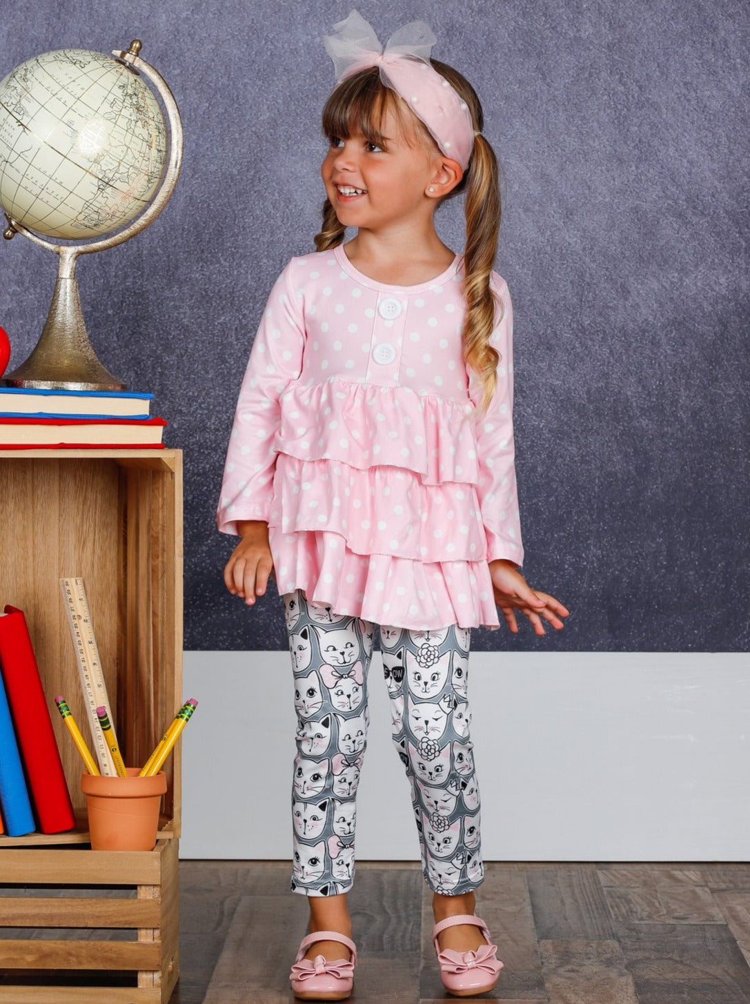 Girls Faux Button Tiered Ruffled Tunic And Printed Legging Set
