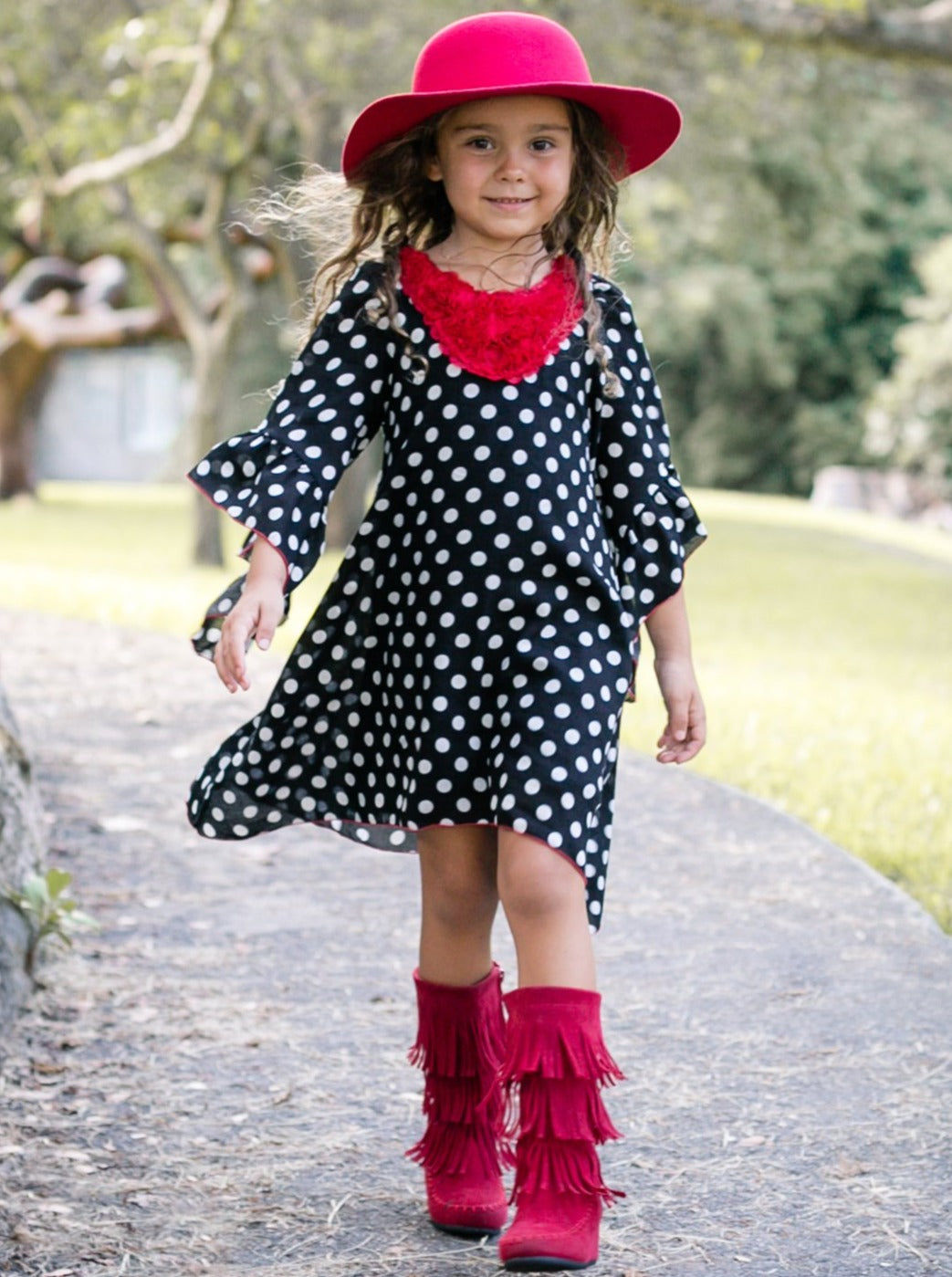 Girls Black/White Dotted Bell Sleeve A-Line Dress