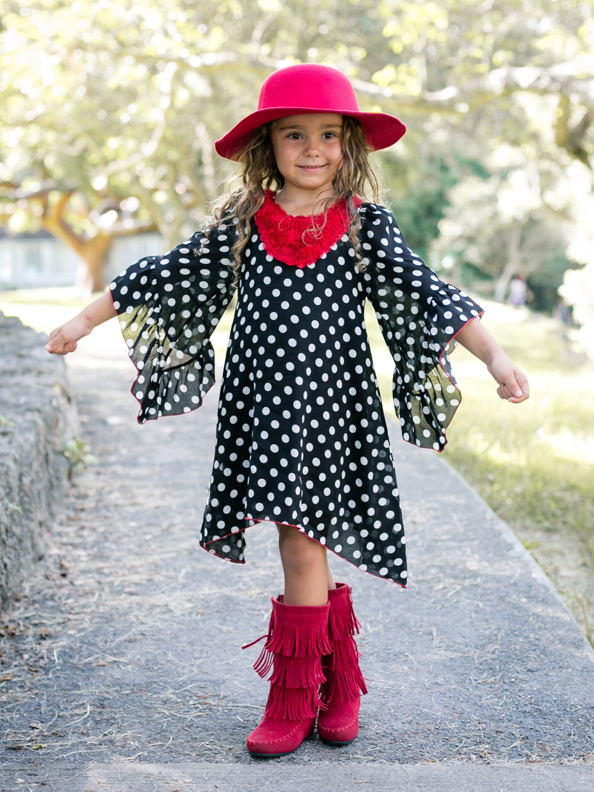Girls Black/White Dotted Bell Sleeve A-Line Dress