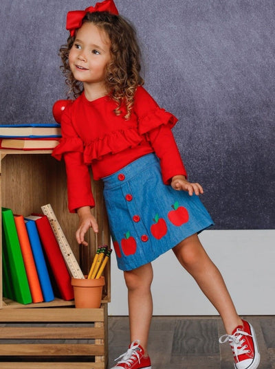 Girls Ruffled Bow Top and Buttoned Apple Print Skirt Set