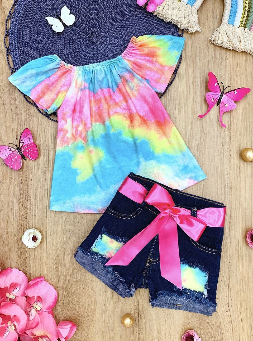 Girls Spring Outfits | Rainbow Tie Dye Top & Patched Denim Shorts Set