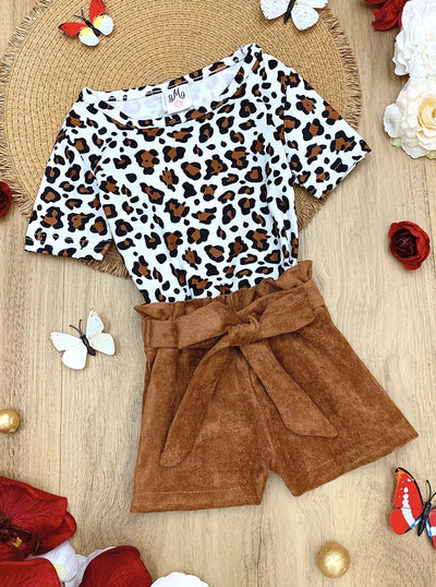 Girls Leopard Top and Belted Suede Shorts Set - Mia Belle Girls