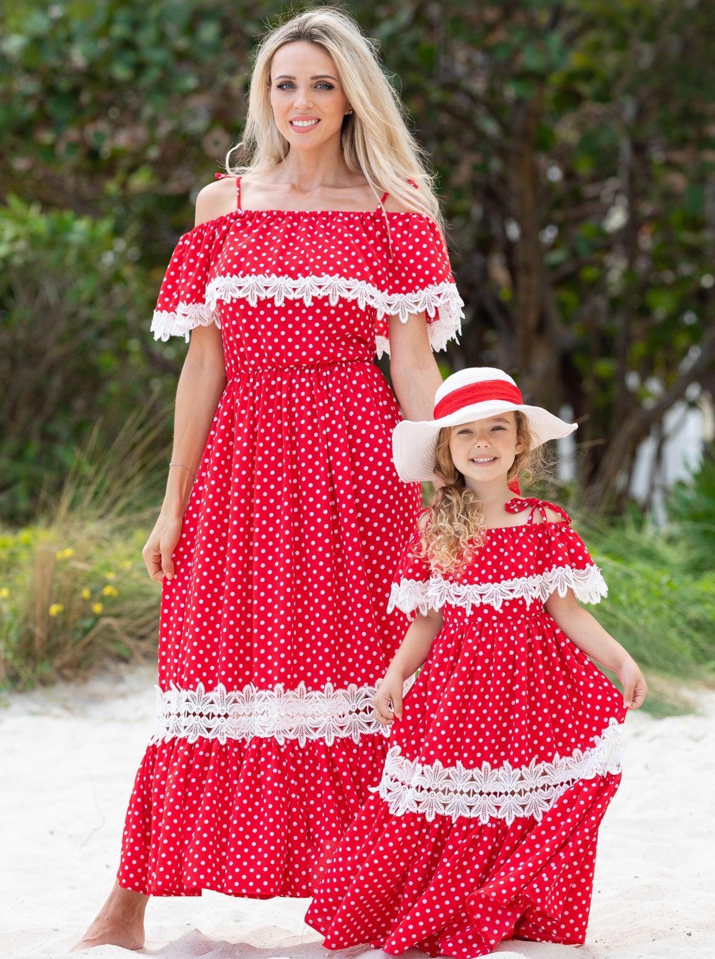 Mommy & Me Summer Polka Dot Crochet Boho Maxi Dress - Mia Belle Girls