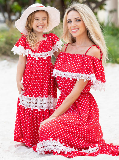 Mommy & Me Summer Polka Dot Crochet Boho Maxi Dress - Mia Belle Girls
