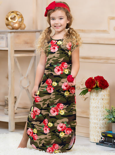 Girls floral camo maxi dress with convenient and stylish pockets