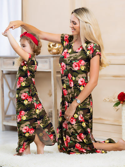 Girls floral camo maxi dress with convenient and stylish pockets