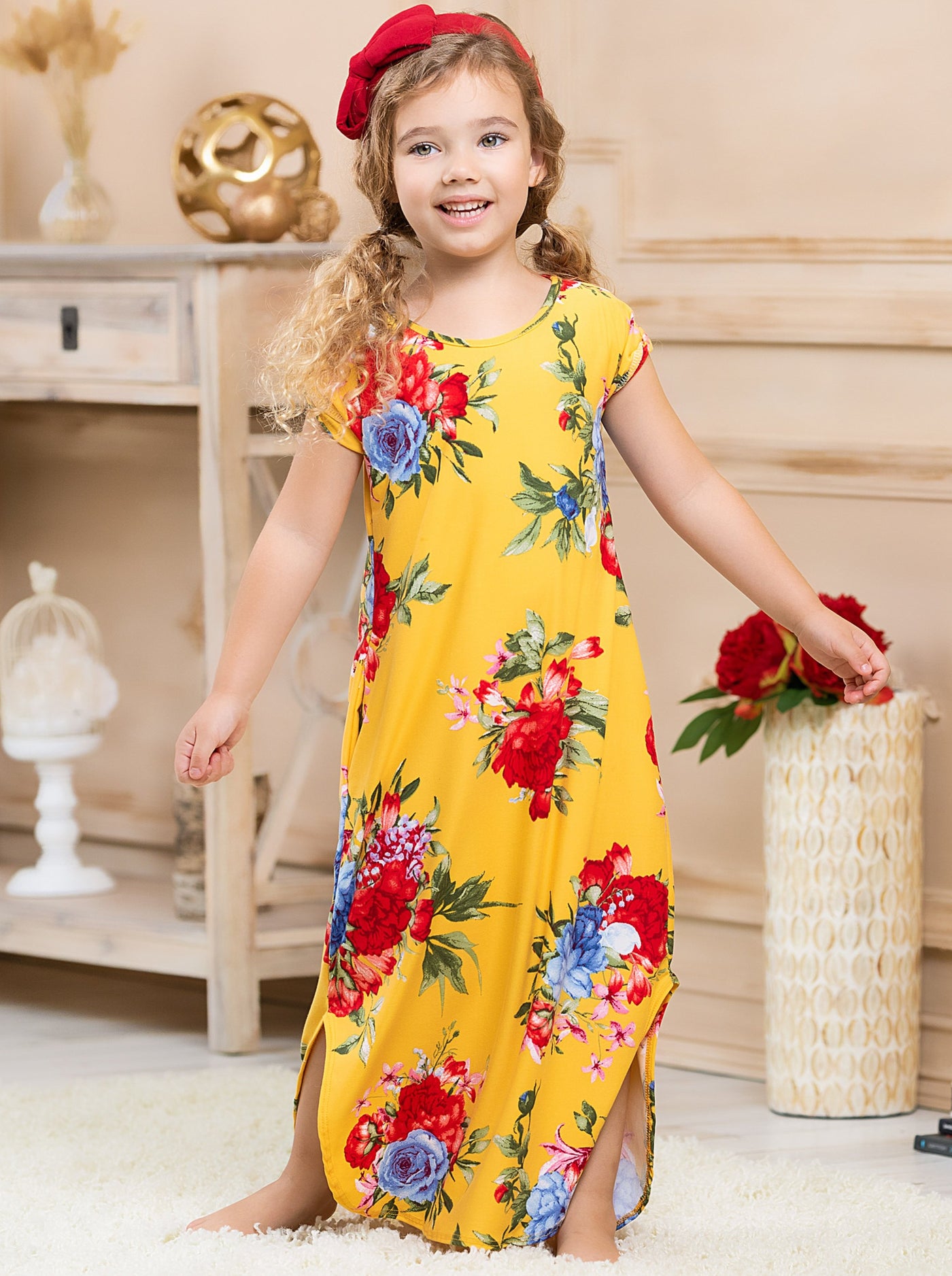 Mommy and Me yellow floral maxi dress with convenient and stylish pockets
