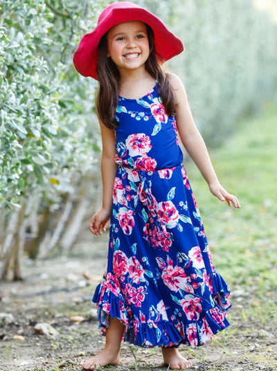 Girls Floral Drawstring Ruffled Palazzo Jumpsuit - Navy / 2T/3T - Girls Jumpsuit