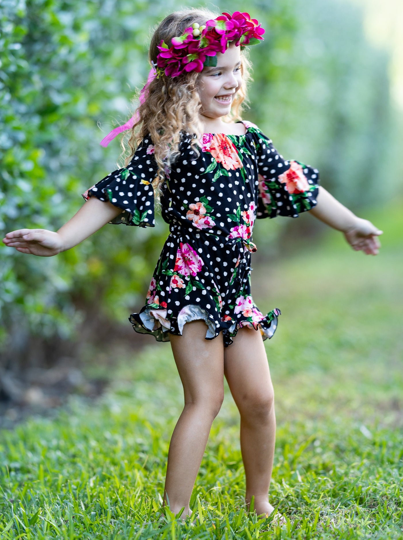 Children's Rompers | Girls Spring Floral Boho Drawstring Ruffle Romper