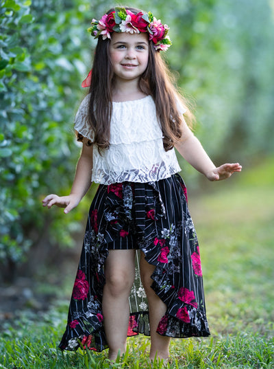 Girls Ruffle Lace Crop Top and Hi-Lo Skirted Shorts Set - Black / 2T/3T - Girls Spring Casual Set