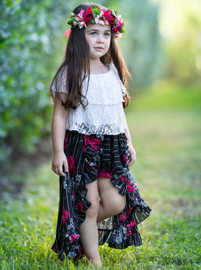 Girls Ruffle Lace Crop Top and Hi-Lo Skirted Shorts Set - Black / 2T/3T - Girls Spring Casual Set