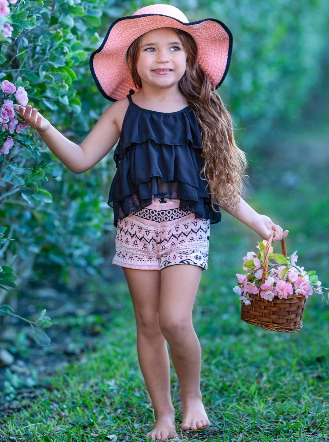 Girls Tiered Crop Top and Cuffed Shorts Set 2t-10Y black