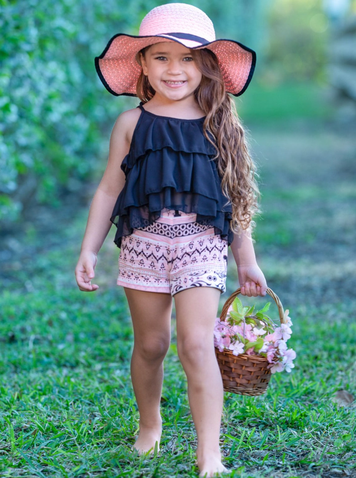 Girls Tiered Crop Top and Cuffed Shorts Set 2t-10Y black
