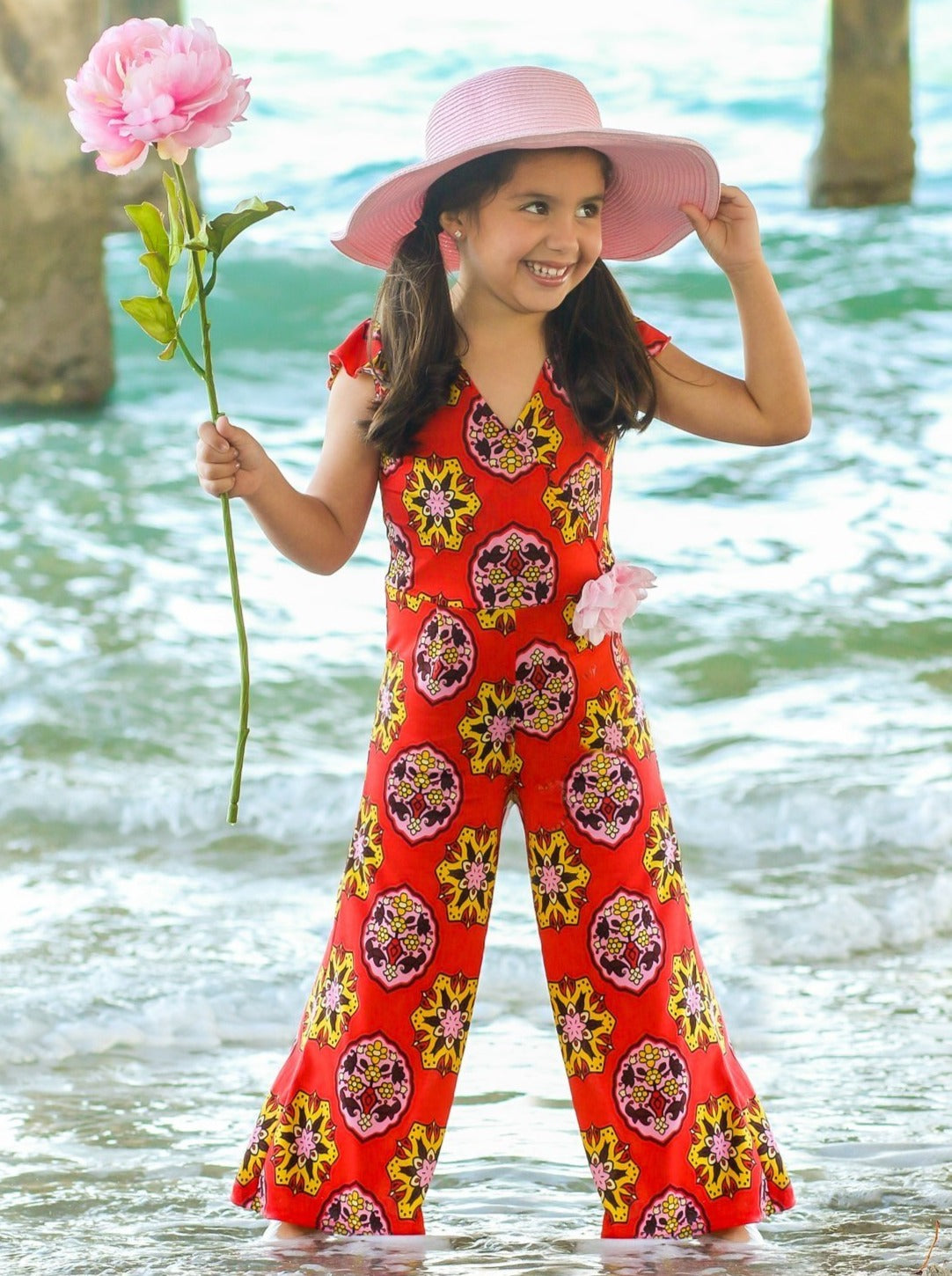 Girls Coral Medallion Print Flutter Sleeve Palazzo Pants Jumpsuit with Pink Flower Clip - Girls Jumpsuit