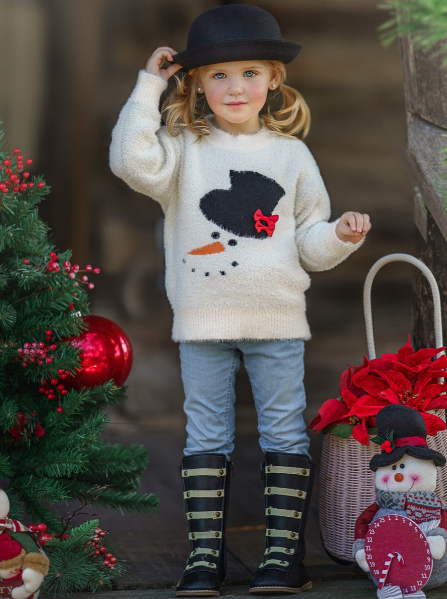 Winter Tops For Girls |Top Hat Snowman Fuzzy Sweater | Mia Belle Girls