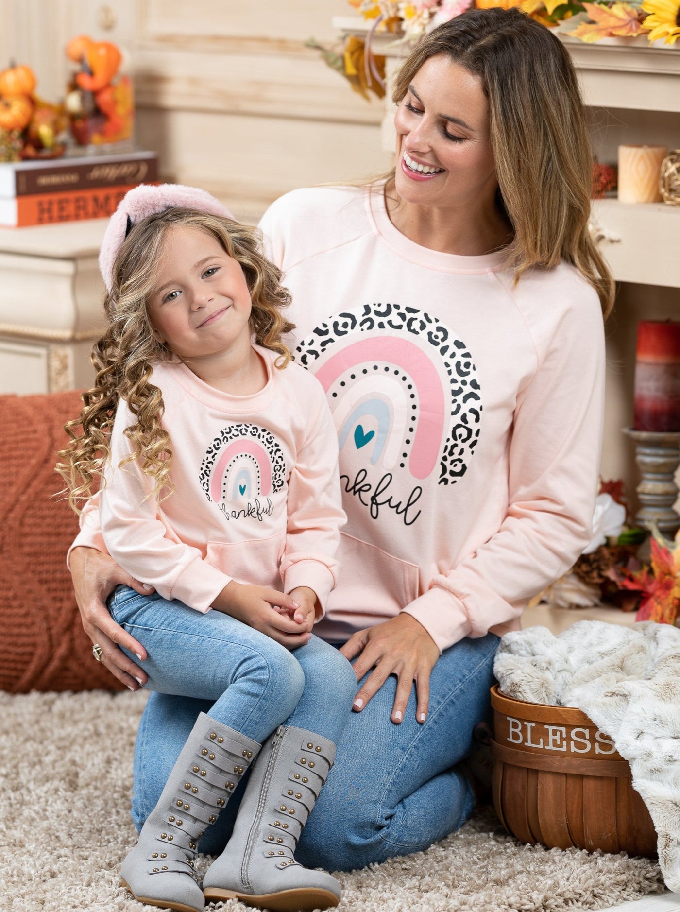 Mommy and Me Fall Thankful Rainbow Pouch Pullover - Mia Belle Girls