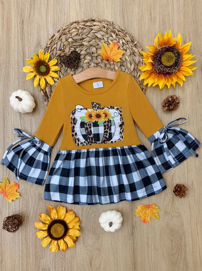 Cute Fall Tops For Kids | Girls Sunflower Pumpkin Plaid Ruffle Tunic