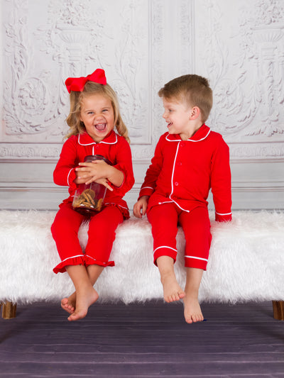 Girls & Boys Red Button Down Collared Classic Christmas Pajama Set