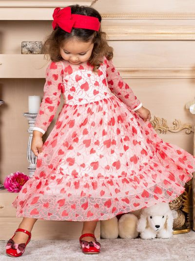 Toddler Valentine's Day Dress | Girls Long Sleeve Heart Lace Dress
