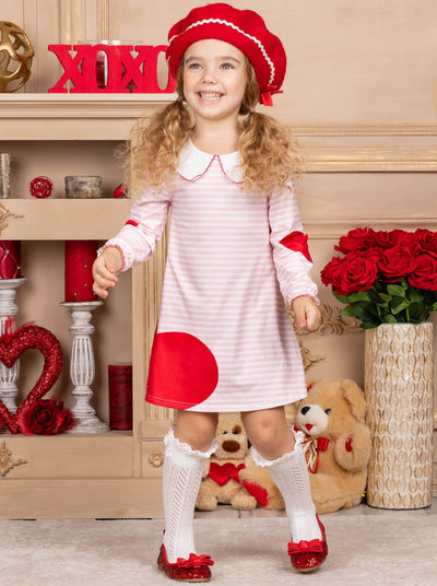 Girls Long Sleeved Striped Heart Print Dress striped white and pink with red Valentine heart 2T-10Y