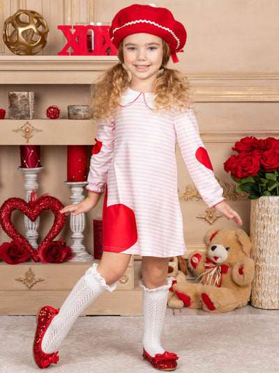 Girls Long Sleeved Striped Heart Print Dress striped white and pink with red Valentine heart 2T-10Y