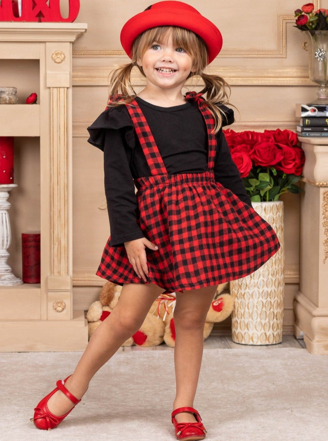 Girls Long Sleeved black Top and black and red Plaid Overall Dress 2T-8Y