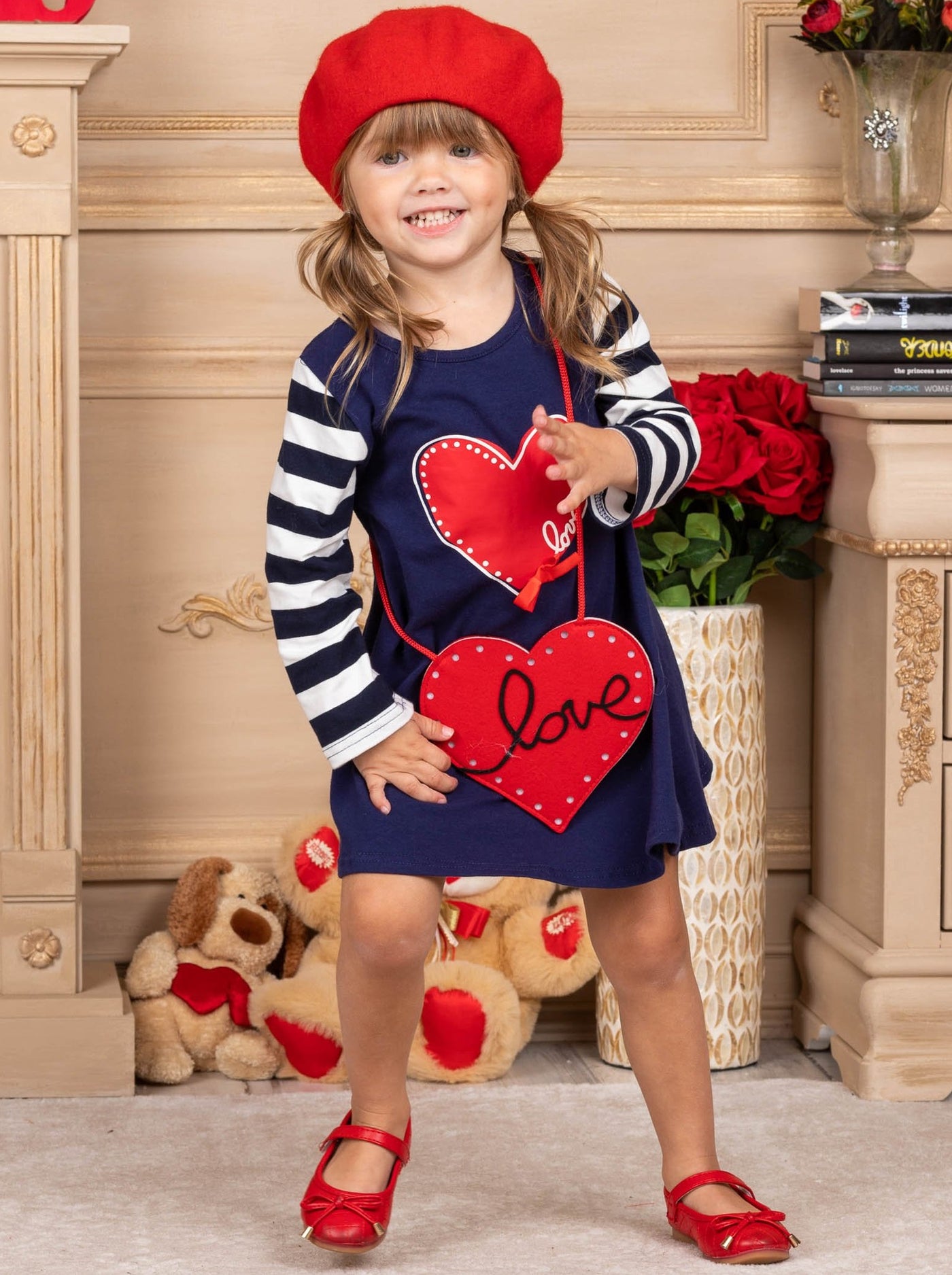 Kids Valentine's Clothes | Girls Striped Sleeve Dress & Purse Set