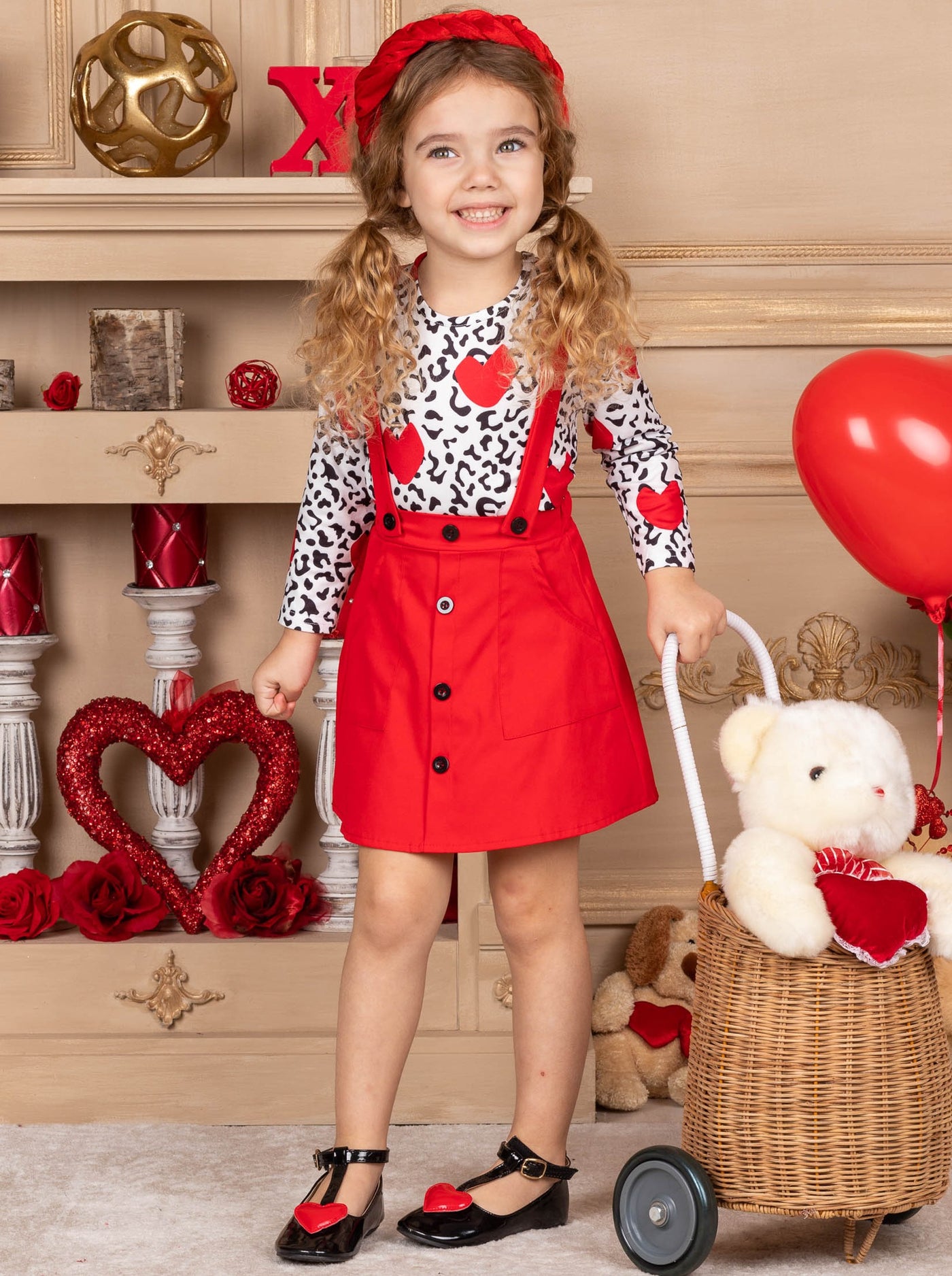 Kids Valentine's Day Clothes | Leopard Print Top & Suspender Skirt Set