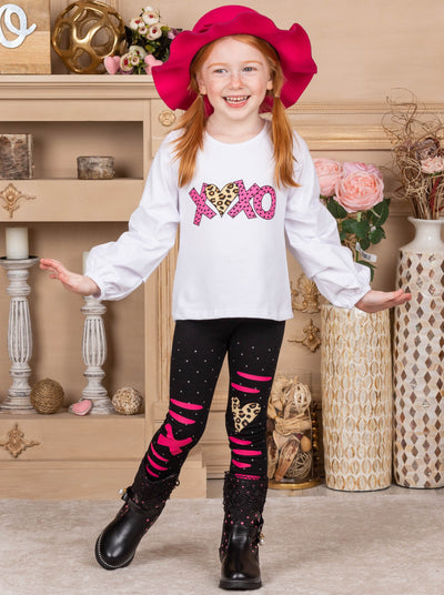 Girls Long Sleeve white "XOXO" Heart Top and black Knee Patch Leggings Set 2T-10Y