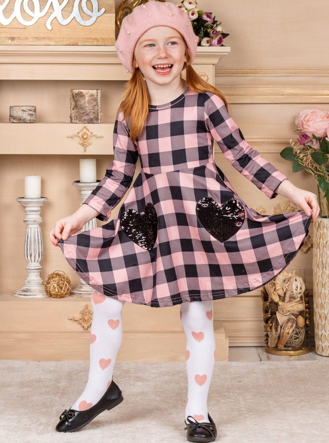 Kids Valentine's Clothes | Plaid Sparkle Pocket Dress & Knee Socks Set