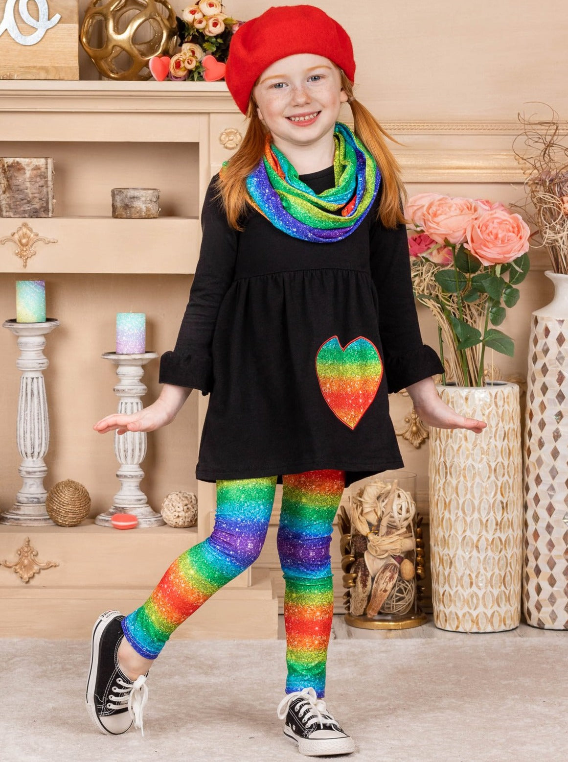 Valentine's Day Outfit | Girls Rainbow Heart Tunic Scarf & Legging Set