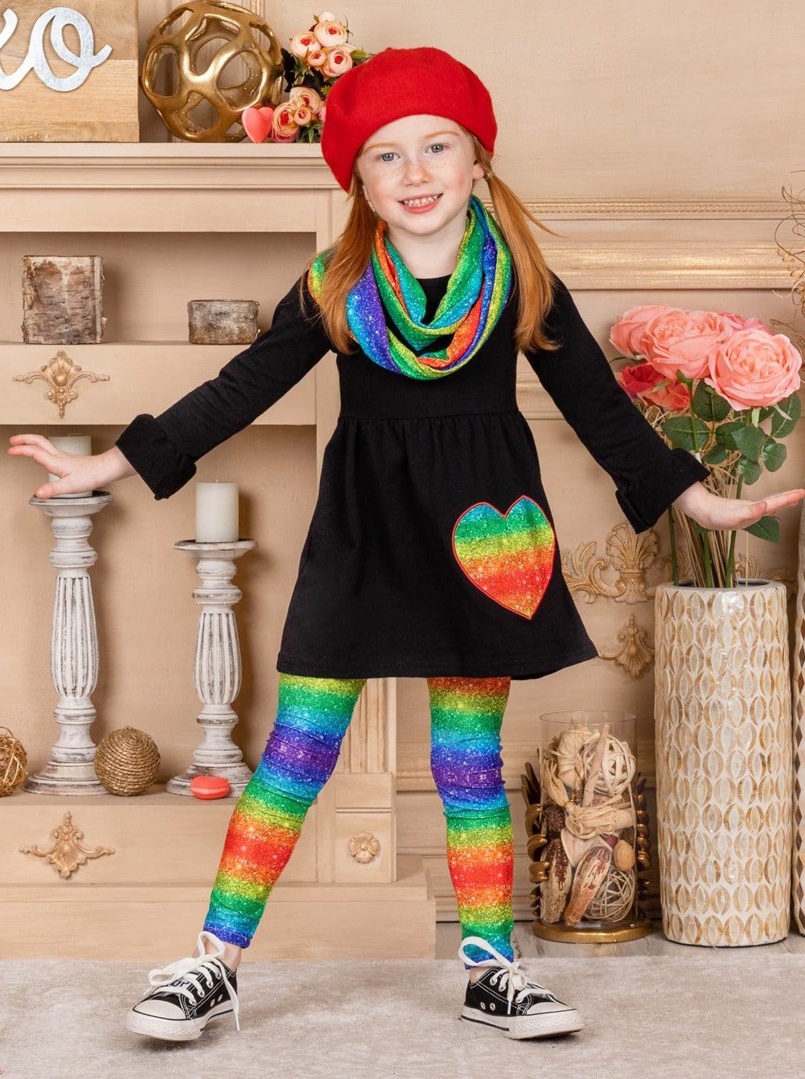 Valentine's Day Outfit | Girls Rainbow Heart Tunic Scarf & Legging Set