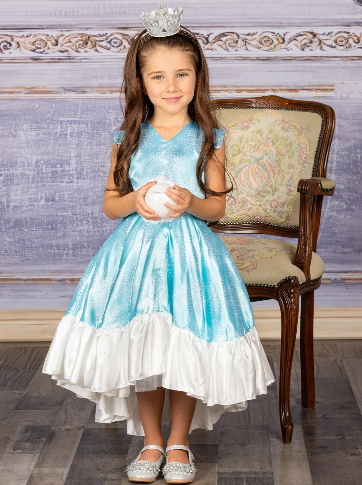 Girls Snowflake Flutter Sleeve Hi-Lo Princess Ice Queen Inspired Holiday Dress