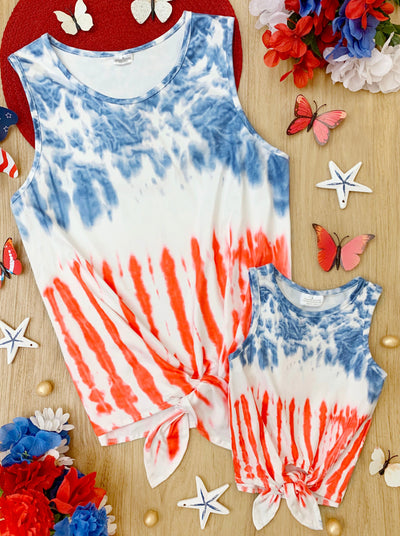 Mommy And Me Tie Dye US Flag Knot Hem Tank Top | Mia Belle Girls